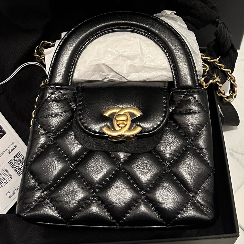CHANEL Shiny Aged Calfskin Quilted Mini Nano Kelly Shopper Black